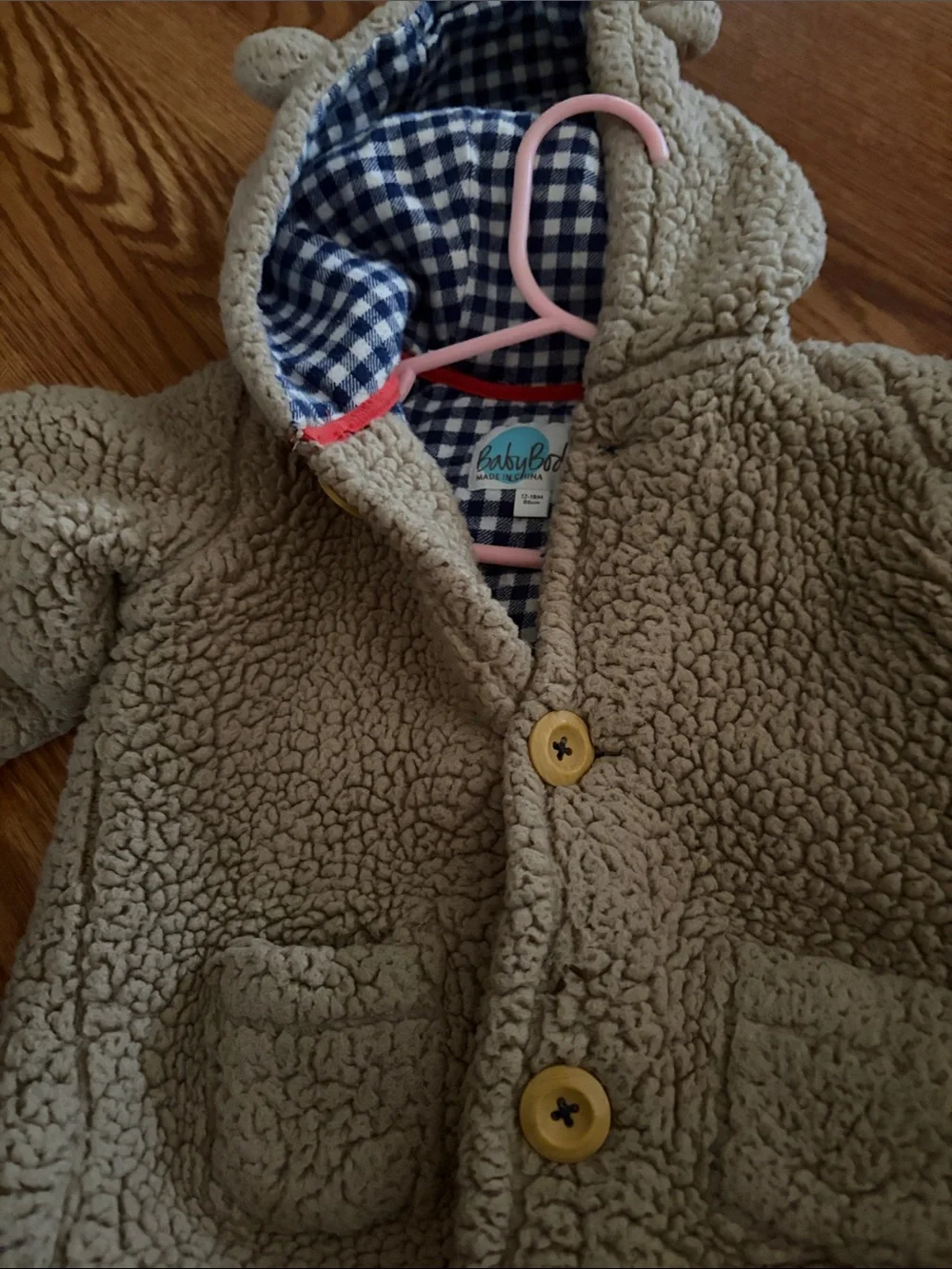 Baby Boden Cream Sherpa Hooded Jacket with Gingham Lining and Ear Hood